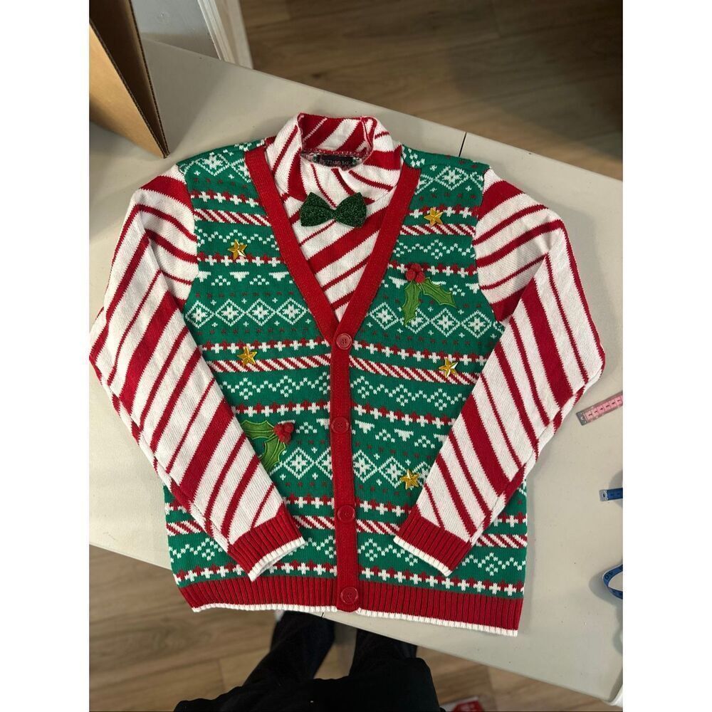 Blizzard Bay Mens Multicolor Stripe Christmas Bow Tie Cardigan Sweater Large